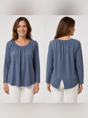 Madewell Blue Cotton Gathered Neck 3/4 Sleeve Top Size Small